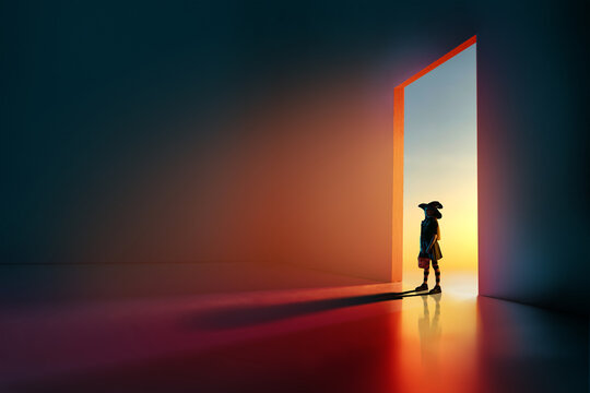 Child Dressed as Witch Standing in Doorway to Bright Future