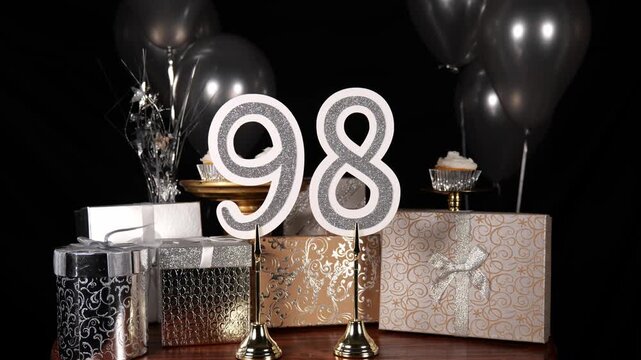 Silver Number 98 with Silver Glitter Sparkles with Gifts and Balloons and Cupcakes for Party Ninety Eight