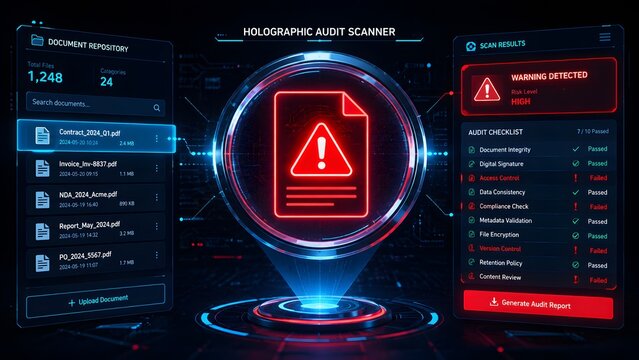 Digital holographic interface showing red alert error document with system warning and error data panel