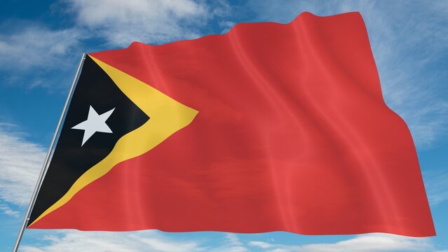 Timor Leste Flag Waving on Blue Sky Background