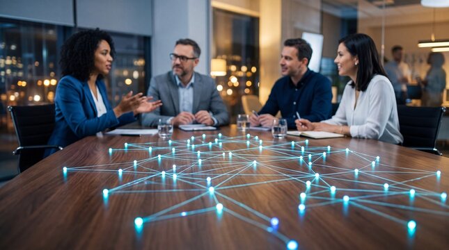 Diverse professionals engage in a collaborative discussion using innovative visual technology in a modern workspace.