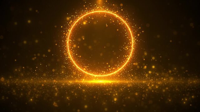 Glowing golden particle ring floats sparkling floor cinematic background. for logo reveals, award titles, luxury branding, festive intros, wedding announcements, product launches, magical portals,