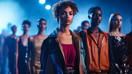 Naklejka premium Fashion Models in Bold Outfits on Runway Catwalk