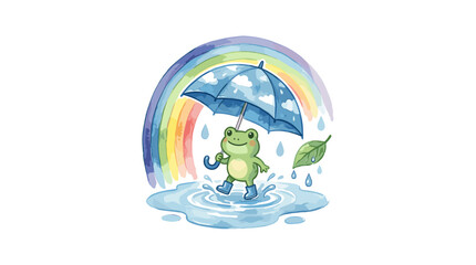 Fototapeta premium Cute frog with umbrella under rainbow during rain.