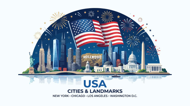 Illustration of iconic American landmarks and city skylines with the United States flag and fireworks.