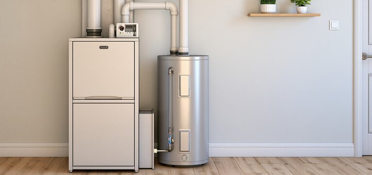 Energy-efficient water heater and modern furnace showcased in a tidy utility room with clean lines and smooth surfaces.