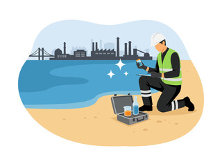 Fototapeta premium Scientist testing water quality on a beach near a city isolated on transparent background, Vector, illustration