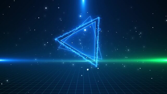 Blue neon triangular hologram glows futuristic grid particles, electric edges, green light. 19 intros, gaming visuals, cyber themes, digital logos, science presentations, sci-fi animation