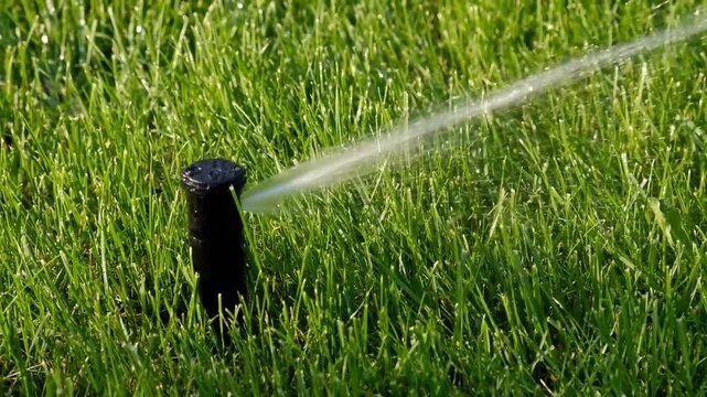 Automatic garden irrigation system watering lawn. Savings of water from sprinkler irrigation system with adjustable head. Automatic equipment for irrigation and maintenance of lawns, gardening.