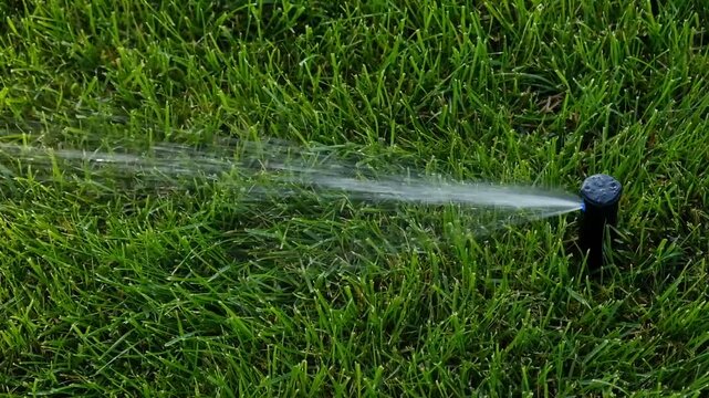 Automatic garden irrigation system watering lawn. Savings of water from sprinkler irrigation system with adjustable head. Automatic equipment for irrigation and maintenance of lawns, gardening.