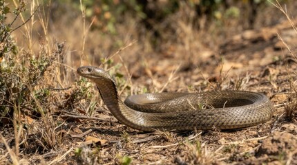 Obraz premium African cobra poised in dry grass, ready to strike