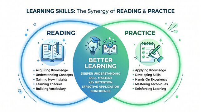 Learning skills Venn diagram, educational synergy of reading and practice, better learning infographic for skill mastery and knowledge