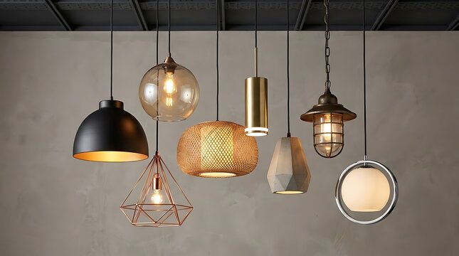 Set of various modern industrial hanging pendant lights with different shapes and textures in a dark interior room