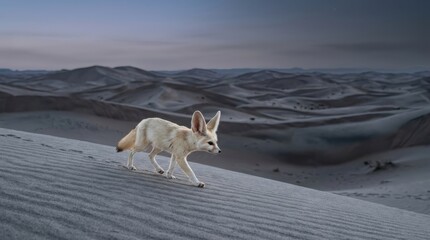 Naklejka premium A fennec fox walks across a sand dune at dusk with its large ears prominent