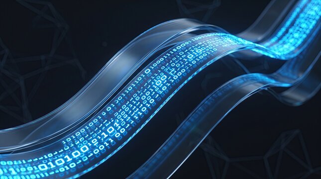 Futuristic digital wave with binary code illuminated in blue, representing data flow and technology innovation.