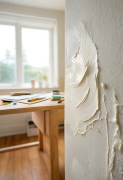 Home renovation and diy wall repair, spackling paste applied to a textured wall in a bright room with a wooden table