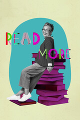 Naklejka premium Pop image sketch 3d collage poster of happy girl guy stand book stack library education bookworm hobby university student learner