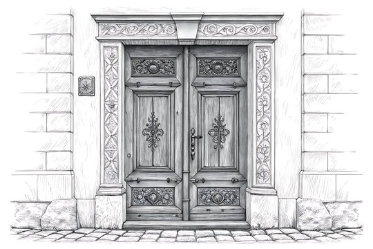 Elegant classic wooden double front door with ornate details