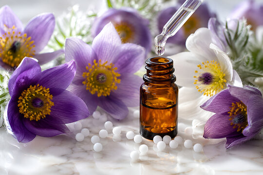 Homeopathic Pulsatilla Remedy and Windflower Blooms on Marble