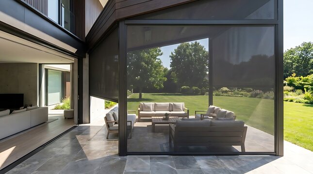 Modern patio with outdoor furniture and a retractable screen shade overlooking a green backyard garden in the summer