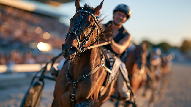 Wide shot of multiple harness racing sulkies competing side by side on an oval track, spectator stands in soft background blur, golden afternoon light, copy space