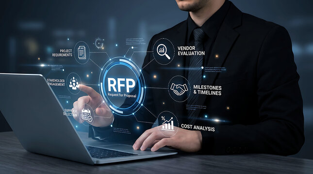 Businessman using laptop with RFP request for proposal evaluation process icons