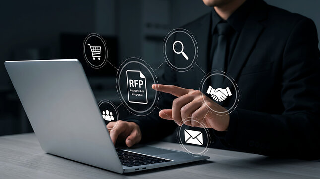 Businessman pointing at RFP request for proposal icon with business network icons