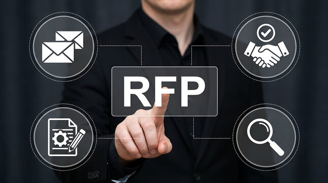 Businessman pointing at RFP request for proposal icon with business network icons