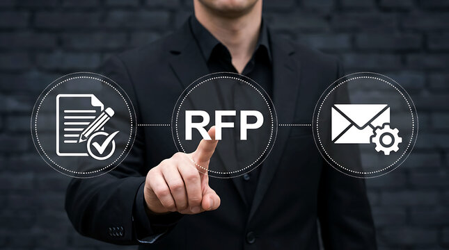 Businessman pointing at RFP request for proposal icon with document and mail icons