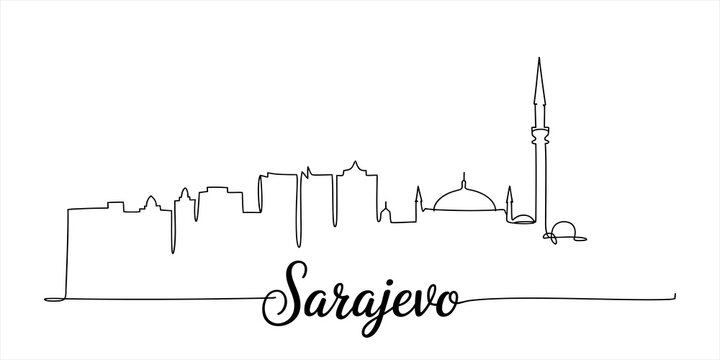 Sarajevo city skyline continuous line drawing design with hand written text of the famous capital city of bosnia and herzegovina in a simple style