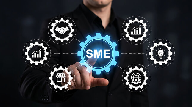 Businessman pointing at SME small and medium enterprise gear business network icons