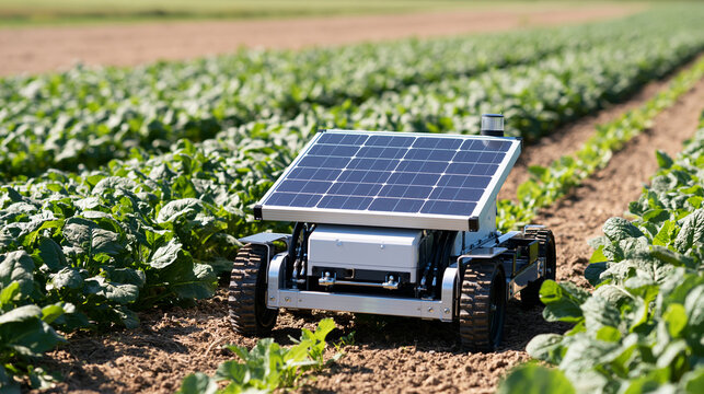 Autonomous solar robot working alongside rows of young carrot or beet plants, precise cm-accurate spacing visible, crisp daylight, agricultural technology concept, copy space