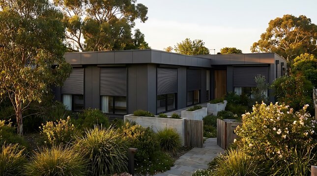 Modern dark gray house exterior with flat roof and metal shutters surrounded by lush green trees in a quiet garden