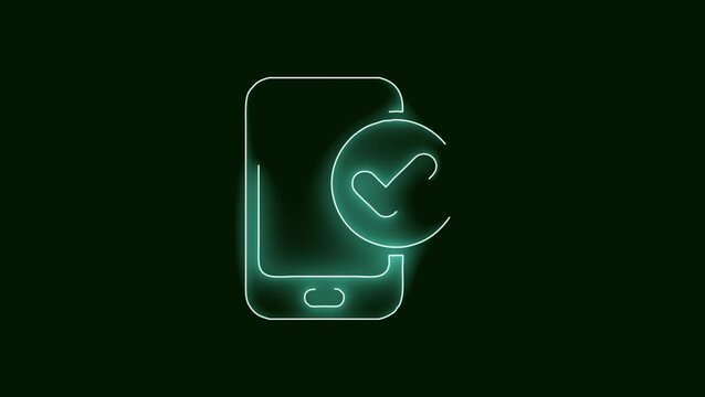 Animated glowing neon smartphone checkmark approved icon loop
