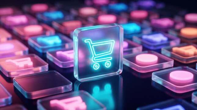 Neon shopping cart icon on glowing digital keyboard