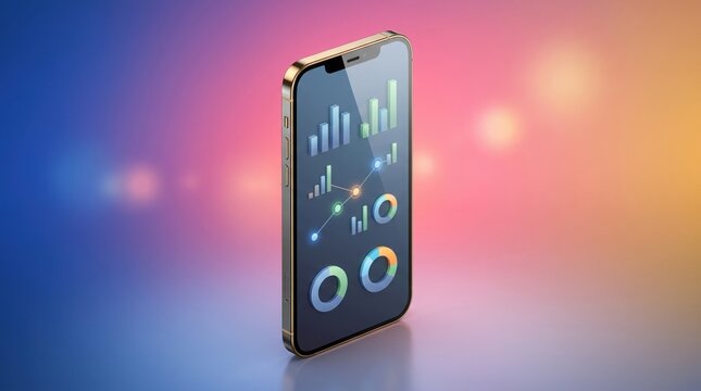 Smartphone with data charts on screen, vibrant background