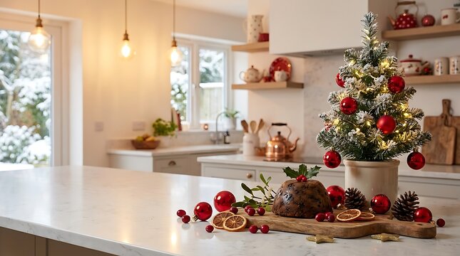Small decorated Christmas tree and festive holiday food on a wooden kitchen counter in a cozy modern home interior