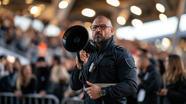 Security guard using a portable megaphone at a crowded venue entrance, professional uniform, bright evening lighting, crowd control concept, copy space