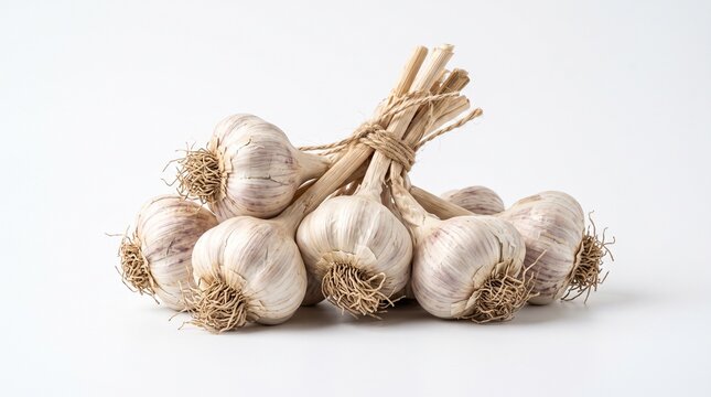 Fresh garlic bulbs tied together with twine on a clean white background