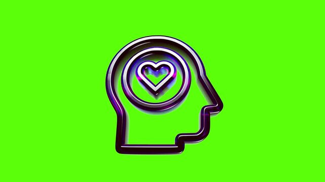 Shiny metallic human head profile icon with a heart shape inside representing love and positive mental health
