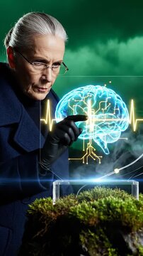Senior scientist studies glowing holographic brain projection in dark lab. Focused woman touches interactive display showing neural network. Green misty light and moss surround futuristic tech.