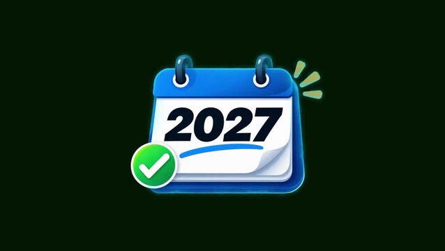Animated 2027 calendar year planner with green checkmark loop