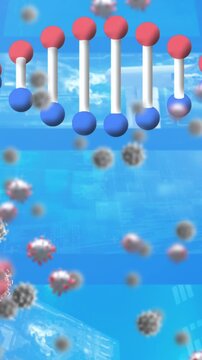 Animation of dna strand spinning and molecules on blue background