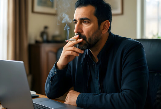 Stress and addiction, man smoking cigarette while working on laptop, unhealthy coping mechanism and work pressure