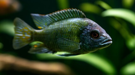 Fototapeta premium A vibrant cichlid fish swims gracefully in a lush green aquatic environment with soft natural lighting highlighting its detailed scales and fins