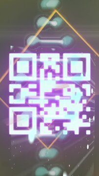 Animation of glowing qr code over dna strand and orange neon lights