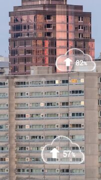 Animation of clouds with growing numbers over cityscape