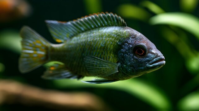 A vibrant cichlid fish swims gracefully in a lush green aquatic environment with soft natural lighting highlighting its detailed scales and fins