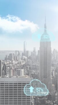 Animation of clouds with percent growing over cityscape