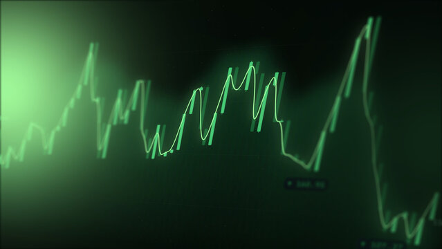 Digital financial chart showing stock market fluctuations and trading data analysis with glowing green lines and candlestick patterns on a dark background